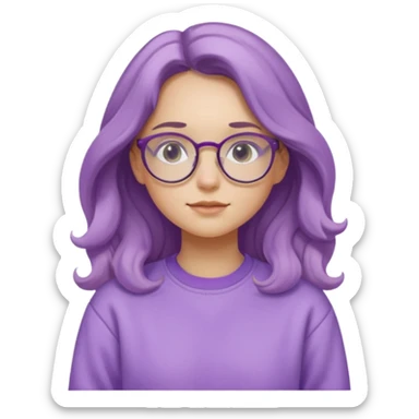 Chica de pelo largo y ondulado, con gafas redondas y expresión suave; viste una sudadera lila y transmite un estilo tranquilo y relajado. sticker