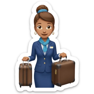 flight attendant, Light Brown skin, brown hair in single bun, neck scarf, suitcase sticker