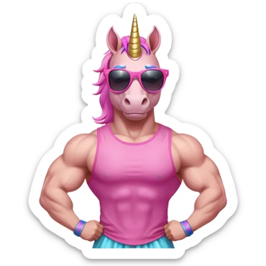 friendly anthropomorphised masculine unicorn with horse-like face, muscular bodybuilder build, in tutu and pink t-shirt, wearing dark sunglasses, standard pose, close-crop head and shoulders portrait sticker
