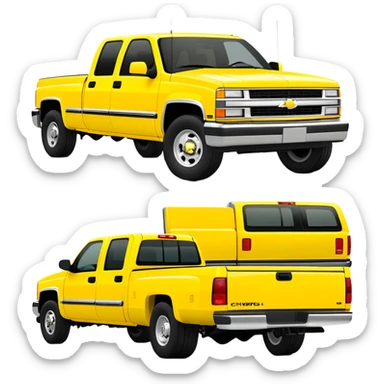 Minimalist bright yellow 1997 Chevrolet C-2500 Crew Cab Silverado truck, three-quarter view at 30 degrees, simplified design, same yellow color as in Kill Bill movie, iOS emoji style sticker