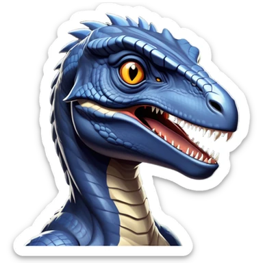 Cinematic Noble jurassic park Velociraptor Portrait Emoji, Poised and menacing, with a sleek, muscular build clad in dark, scaly skin reminiscent of jurassic park Park’s iconic raptor, a sharply curved snout and piercing, intelligent eyes that exude predatory cunning, Simplified yet boldly defined features, highly detailed, glowing with a cool, ominous radiance, high shine, intelligent and relentless, stylized with an air of cinematic prehistoric authority, focused and alert, soft glowing outline, capturing the essence of a watchful and confident jurassic park Velociraptor that appears ready to dash out of the screen with effortless power! sticker