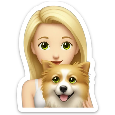 Blonde girl with green eyes, hugs her pomeranian dog, red sticker