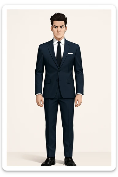 Full-body illustration of a young man, elegant hairstyle, confident, in a tailored navy blue suit, white shirt, black tie, and pocket square. Standing straight, arms relaxed at sides. Clean background, modern business style, sharp lines, consistent lighting, same character as before. sticker