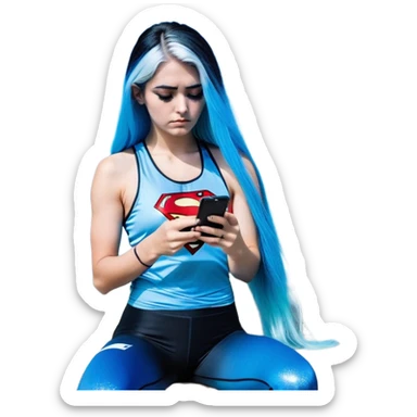 Shameful disappointed crying-very very very very big chest-texting on a samsung cell phone-very long straight flowing black to sky blue hair ombre-blue eyes-black eyeliner-long eyelashes-plastic sparkling sky blue very low cut tank top with sparkling superman logo-black leggings-nike sneakers sticker