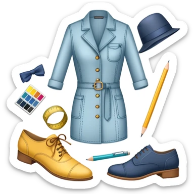 Icon for Fashion Design: sketches of clothing, shoes, and accessories with design tools like a pencil, fabric swatches, and a measuring tape. The icon should represent creativity in fashion design and tailoring. Transparent background. sticker