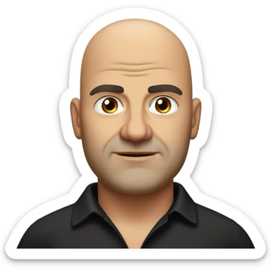 A slightly overweight middle-aged Italian man with olive-toned skin with bald hair and no facial hair. He is wearing a sleek black smart shirt, casually unbuttoned at the top. sticker