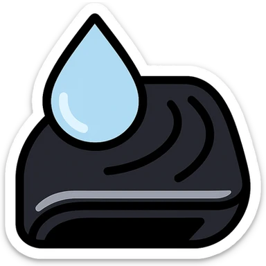 light blue or silver water droplet sliding on glossy black mirror-like paint of a high-end vehicle, main color glossy black, subtle repellent effect with water lines moving away, modern and clean icon sticker