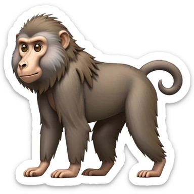 cinematic-hairy top half baboon-full-body-standing on all fours-emoji,-head-tilted-dramatically,-thick-grey-and-brown-fur,-simplified-yet-realistic-focused-features,-highly-detailed,-glowing-with-an-almost-sarcastic-glow expressive eyes, hairy mane sticker