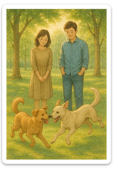 Vertical format: A man and woman in a park, watching two dogs playing happily together, the couple smiling shyly, atmosphere of learning and hope. sticker