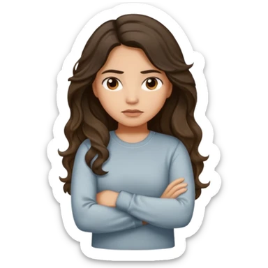 Hispanic light tan girl with long dark wavy hair slightly pouting and arms crossed. Wearing a long sleeve. Hair with middle part. sticker