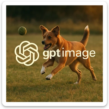  logo of chat gpt with text "gpt image" on the background of a dog chasing ball, realistic image sticker