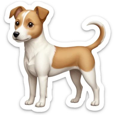 a full body facing front on of a buff white beagle cross jack russell terrier looking dog the size of a kelpie with light brown long ears resting on its face and a light brown patch above one eye and a large snout. the rest of the dog is completely white.  sticker