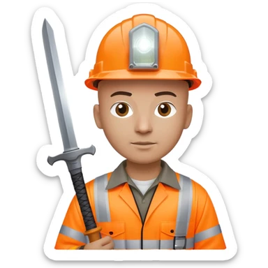 Bald Telecoms engineer in orange hi vis with white hard hat (with headlamp) and sword sticker
