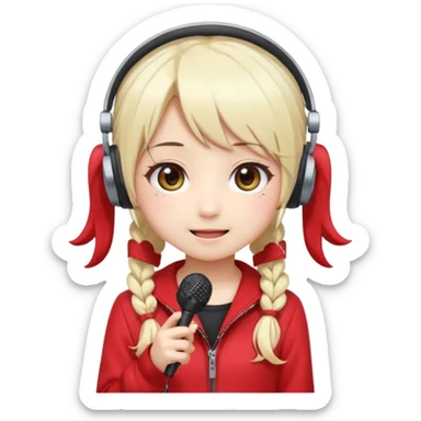 Cute kawaii emoji-style Japanese K-pop singer girl, long platinum blonde hair in twin tails, red outfit, headset mic on cheek, Japanese K-pop idol vibes, big sparkling eyes, chibi proportions, clean lineart, pastel colors, cheerful idol smile, sticker/emoji style, transparent background sticker