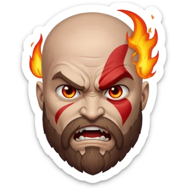 A custom emoji design of "Kratos" from "God of War", "Rage mode with fire eyes", "Apple Emoji Style", isolated on white background, clean lines, high quality sticker style, vector graphics, minimalistic sticker