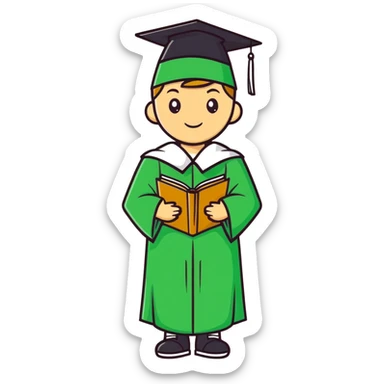 High school graduate in a green gown and hat sticker
