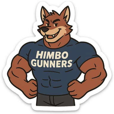 muscular furry character wearing a t-shirt that says 'Himbo Gunners', flat toon style sticker