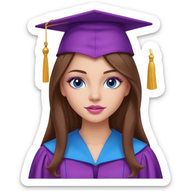 girl with gorgeous long brown hair, blue eyes, long lashes makeup, sexy pink lips, wearing a purple and pink graduation cap and gown sticker