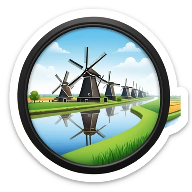 cinematic-realistic-kinderdijk-windmills-landmark-emoji,-showcasing-traditional-dutch-windmills-aligned-along-a-tranquil-canal,-with-lush-green-fields in a picture frame sticker