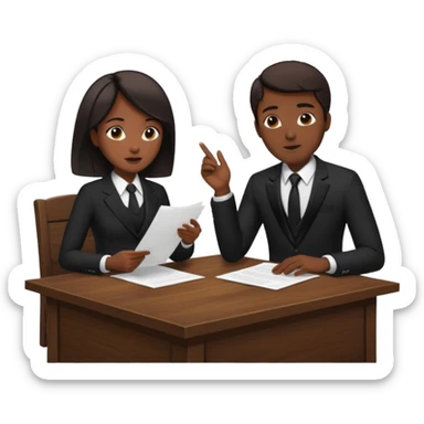 man in formal suit talking to woman in formal suit, they sit, papers in hands on the table sticker