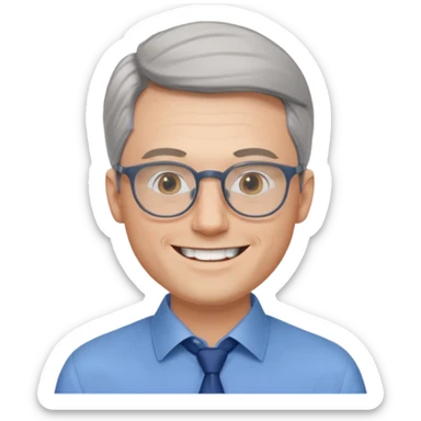 30 yr old pale white man, grey side swept hair, round glasses, big smile, white teeth, handsome, longer hair, thin glasses, blue dress shirt, no tie sticker