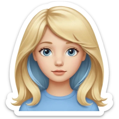 jeune femme de 20 ans, blonde avec une raie au milieu et une frange rideau encadrant le visage. Cheveux longs, lisses sur le haut et légèrement ondulés avec de belles boucles souples sur les pointes. Yeux bleus clairs lumineux, regard doux et naturel. Teint frais et peau lumineuse. sticker