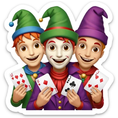 3 poker cards, with crazy colorful human jolly jokers inside, face only sticker