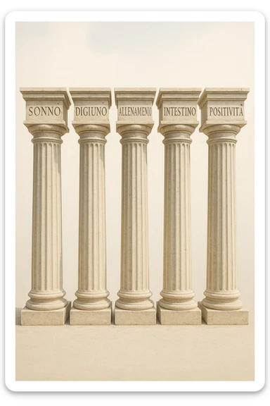 5 pilastri con le scritte "SONNO", "DIGIUNO", "ALLENAMENTO", "INTESTINO", "POSITIVITà" IMMAGINE IPERREALISTICA SFONDO CHIARO IN ITALIANO sticker