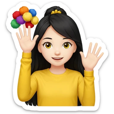 A long black hair teen girl waving pom-poms, eyes sparkling with excitement, yellow top sticker