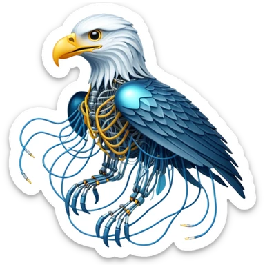 A high-tech eagle made of electric wires and cables with rubber scales that reveal its electric skeleton, possessing both jellyfish-like tendrils and the ability to generate electrical pulses that illuminate the ocean depths. sticker