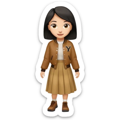  light skin, black cololong hair girl with brown varsity jacket and long skirt walking  sticker