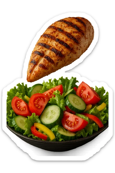 INSALATA CON PETTO DI POLLO GRIGLIATO CHE CADE DALL'ALTO, IPERREALISTICO 4K sticker