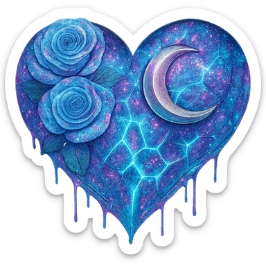 Add much more holographic stardust to the gothic heart with splintered light blue glass, silver crescent moon, light blue roses, neon lightning, and a wet look. Keep the background transparent. sticker