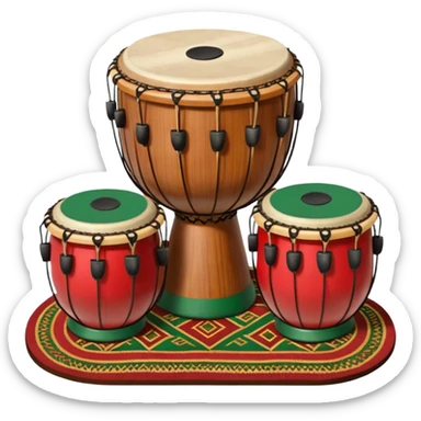 A traditional Pashto tabla (dobrai) placed on a woven mat, with cultural Pashtun patterns in the background. The tabla is wooden with leather drumheads, and vibrant traditional colors like red, green, and gold. Ethnic, folk music theme. sticker