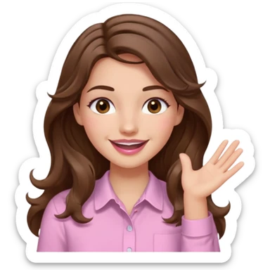 girl with wavy long brown hair, brown eyes, light to medium complexion, long lashes, light pink lipstick, smiling, wearing light pink shirt, slapping sticker