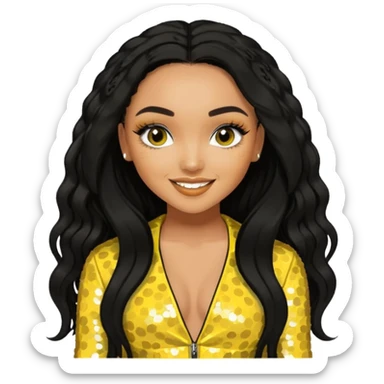 Leigh-Anne Pinnock from Little Mix with long black hair, yellow sequin outfit sticker