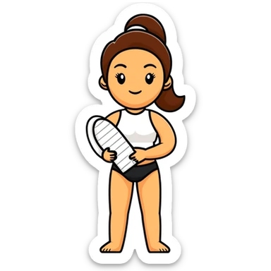 light skintone woman with brown hair holding a tanning mitt sticker