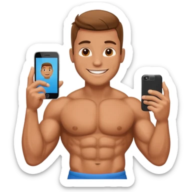 Mec musclé avec un téléphone dans les mains qui navigue sur so téléphone qui sourit sticker