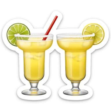 2 margarita cocktails. one is the classic margarita: yellowy with salt on the rim and a lemon. the other one is a spicy margarita: slightly more red color with a small red chili pepper instead of a lemon on the rim  sticker