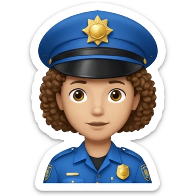 a cartoon-style avatar of a police officer with curly brown hair, wearing a black cap sticker