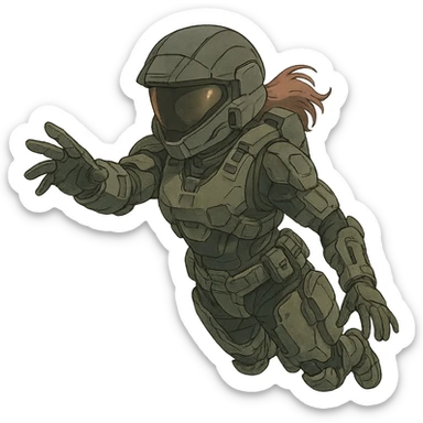 1 female, strengthened sIII spartan-3 helmet with a black visor, a tactical female space warrior floating in zero-g EVA operations, reaching in front of her sticker