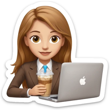 Women in front of laptop with a happy face, long light brown hair, light brown big eyes, light skin with a iced coffee on the side, business attire sticker