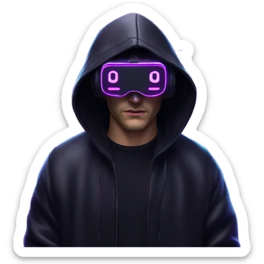 Russian man wearing a black hoodie with "OMG" letters on it and VR headset in a cyberpunk VR environment with violet neon lighting. sticker