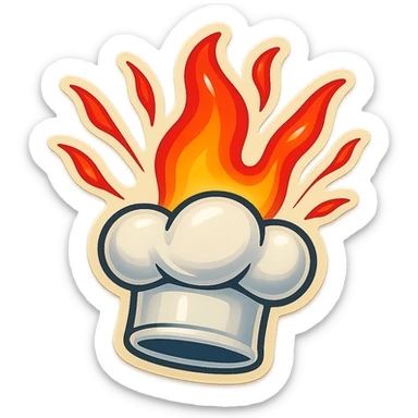 chef's hat explode with trails of fires, emoji, playful, flame red gradient, hat is pure white, vibrant, flame matching style reference file sticker