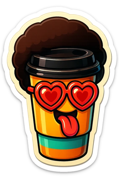 Tall coffee cupp, afro, heart glasses, big heart eyes, tounge rolled out sticker