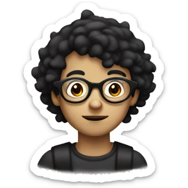 A boy with black hair behind his ears, black thin round glasses. Wearing a clown coulored costume. sticker