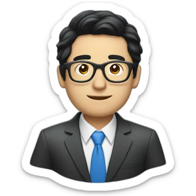 Businessman with black hair, blue with glasses and laptop sticker