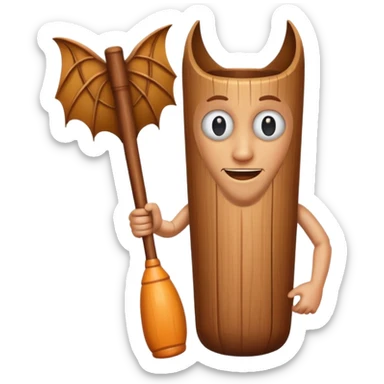 Make a wood tube with a face and wooden legs and arms and a bat sticker