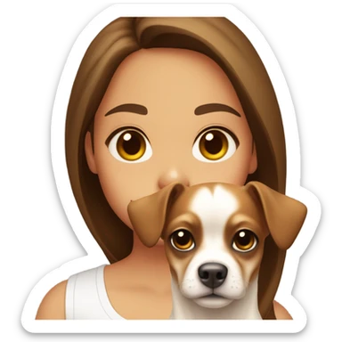 A girl with long brown hair, big brown eyes, very big lips wearing a white singlet top, she is holding a chihuahua that is completely light yellow  sticker