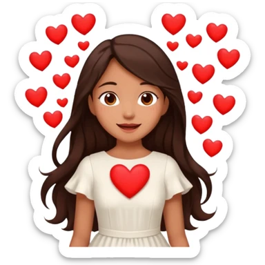 A girl with long, dark brown hair, wearing a beautiful white dress, is overjoyed with love, surrounded by hearts. sticker
